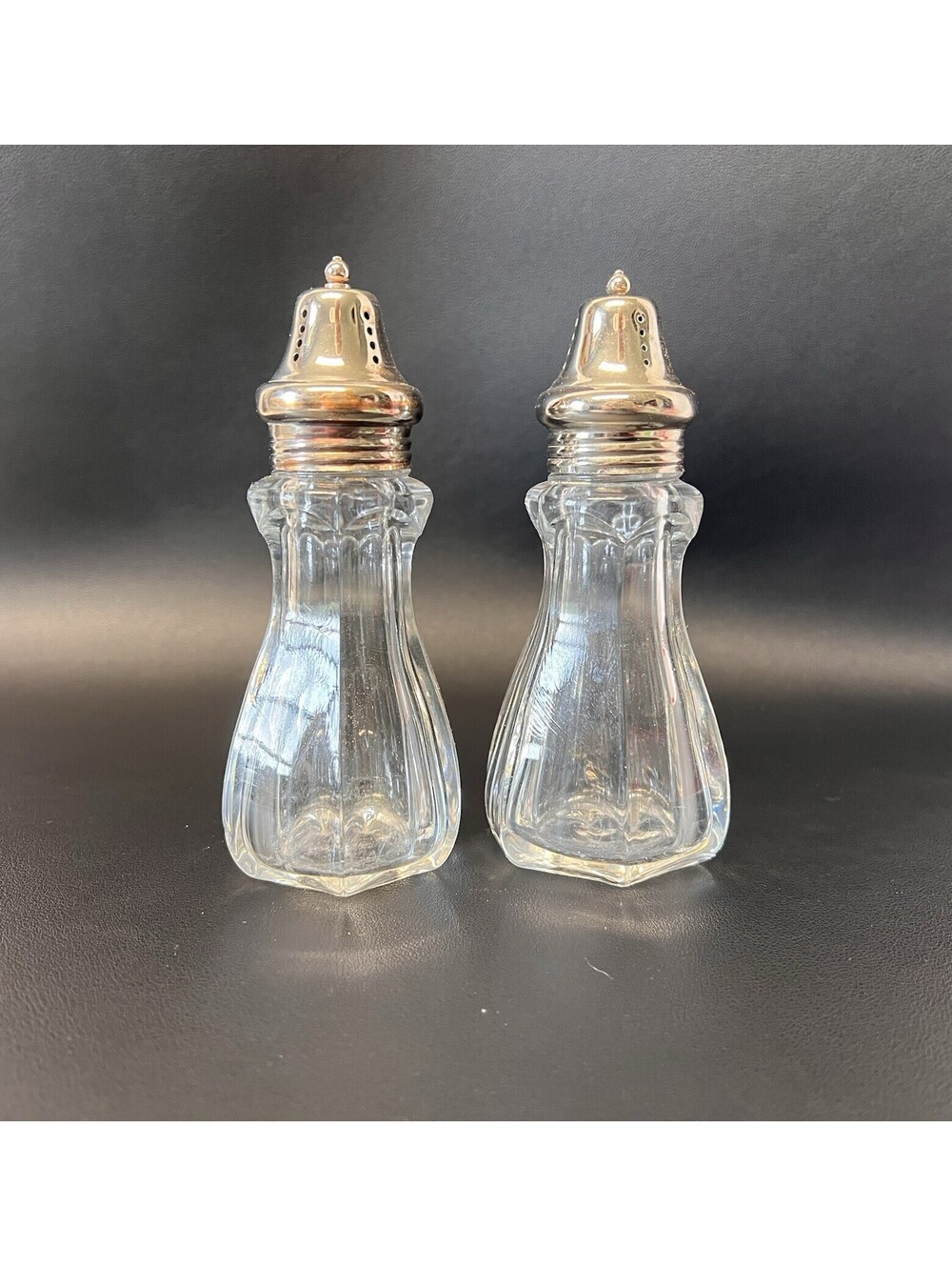 Vintage Crystal Silver Plated Salt & Pepper Shakers By Leonard 5.5 Inch